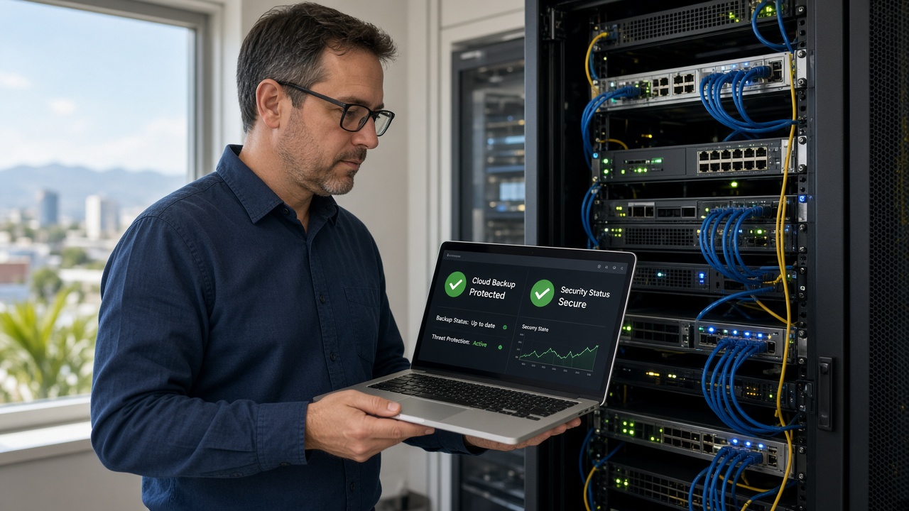 IT engineer reviewing cloud backup and cybersecurity status in a small business server room in Murrieta